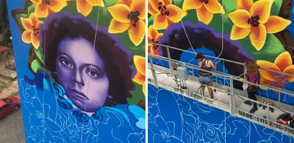 Feito apenas por mulheres, mural de 20 metros em prédio de SP homenageia poetisa: 'Presença negra feminina na cidade'