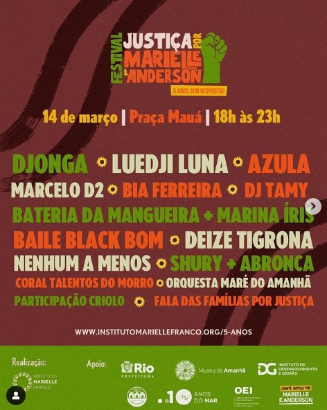 RJ: Festival Justiça por Marielle e Anderson terá programação gratuita na Praça Mauá