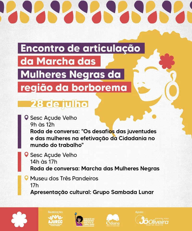 Encontro de Articulação da Marcha das Mulheres Negras da região da Borborema acontece em Campina Grande (Paraíba) neste domingo (28)